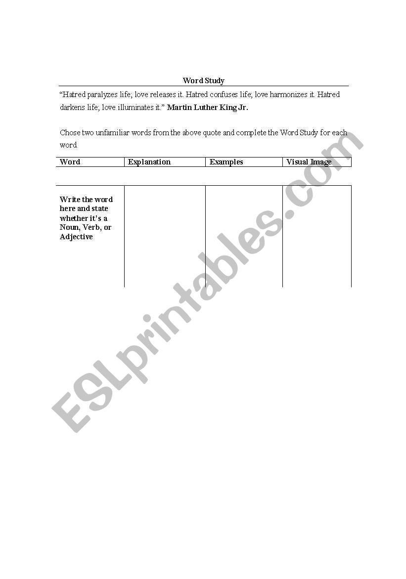 Word Study using MLK Quotes worksheet
