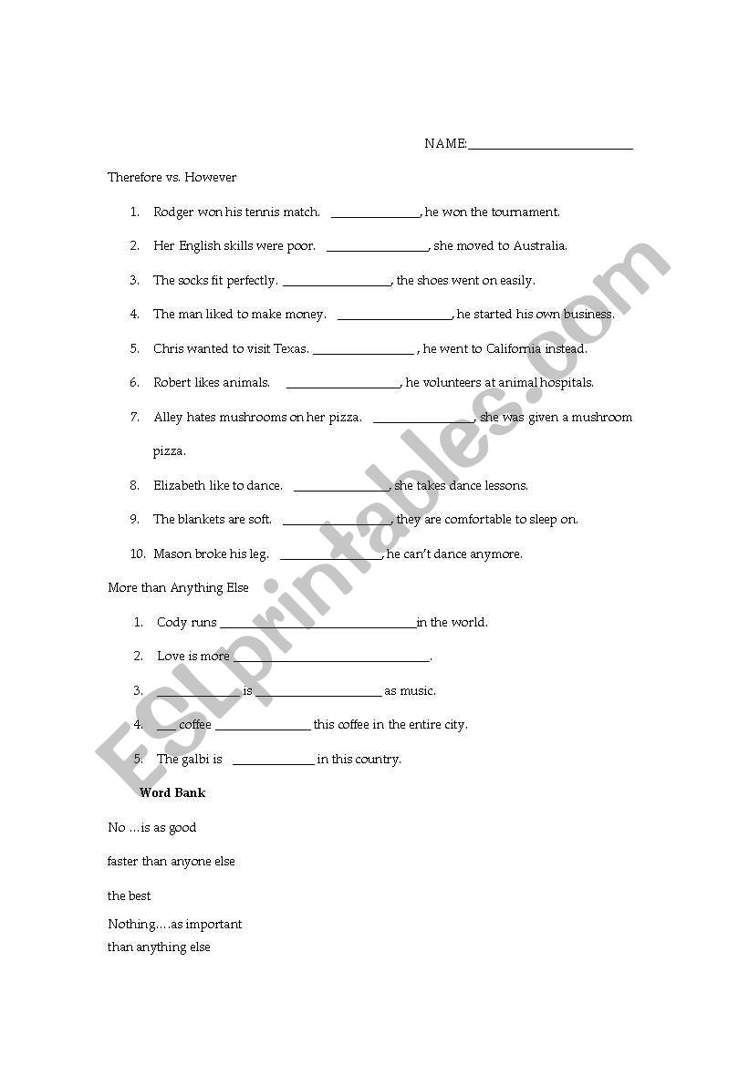 although vs. however worksheet