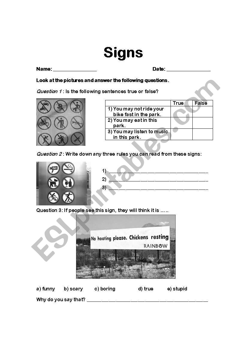 Signs worksheet