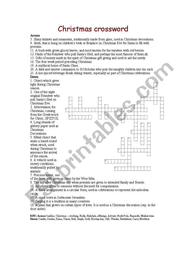 Christmas crossword worksheet