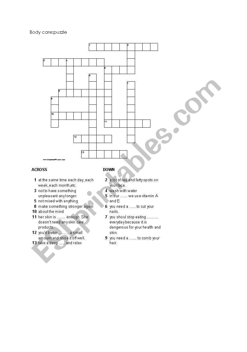 body care puzzle worksheet