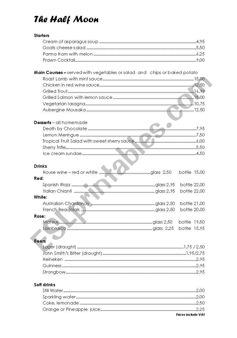 English Restaurant Menu worksheet