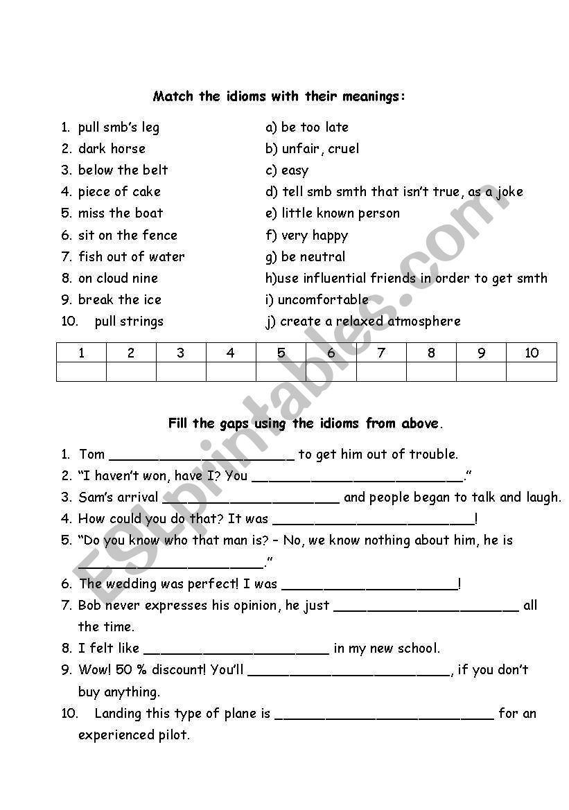 Idiom-definition matching worksheet