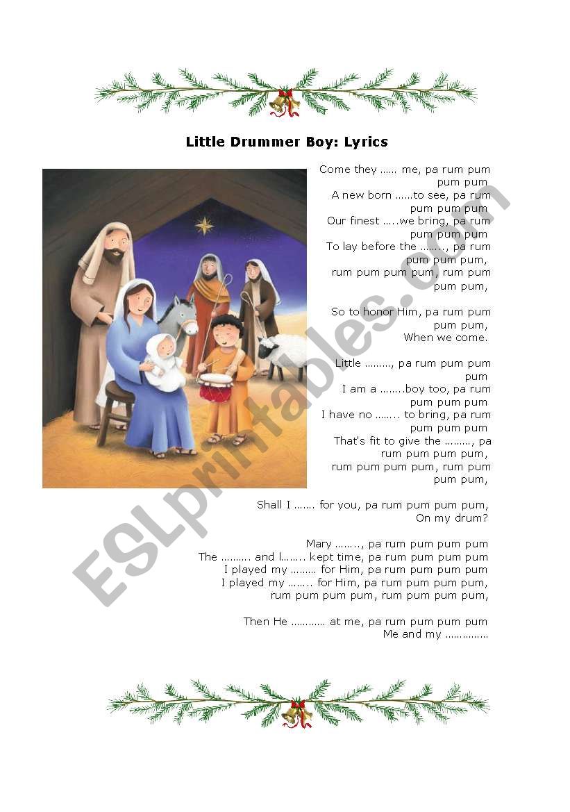The little drummer boy, christmas fill in activity