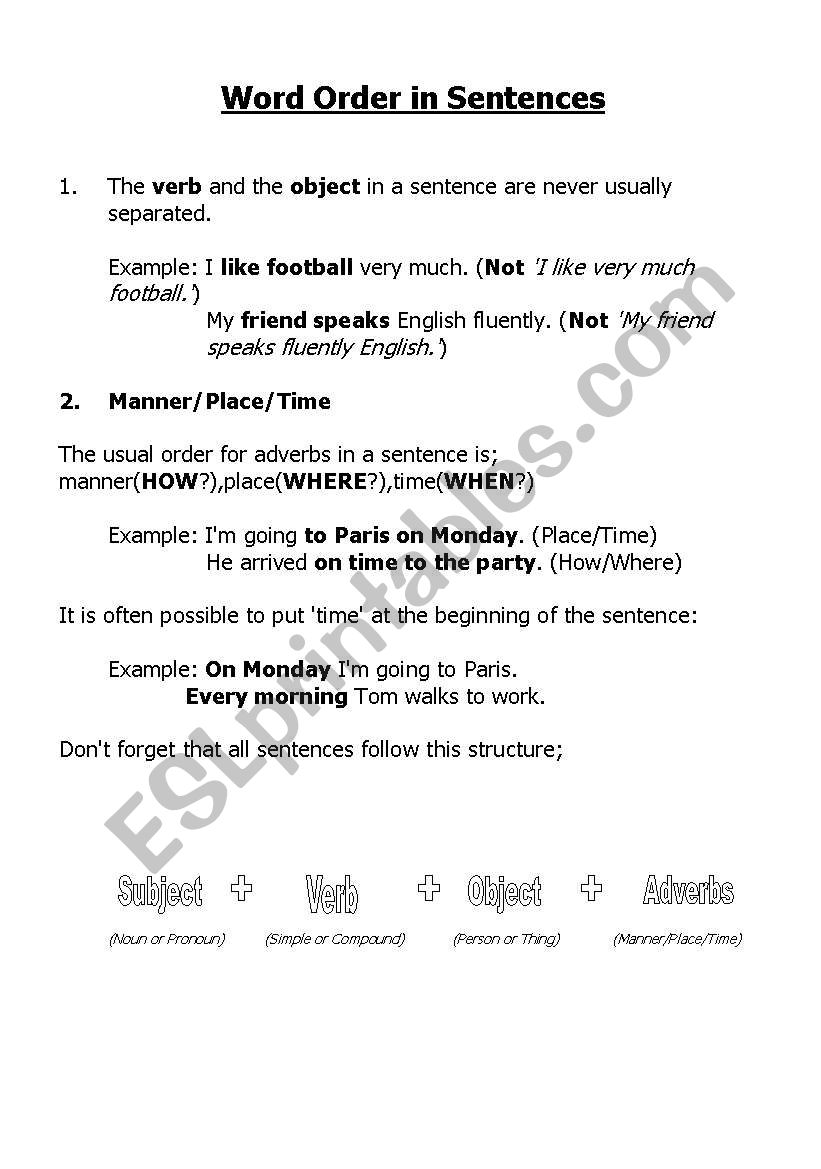 word order easy worksheet