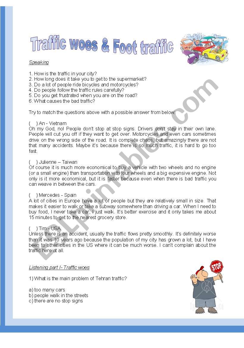 Traffic woes & Foot Traffic worksheet