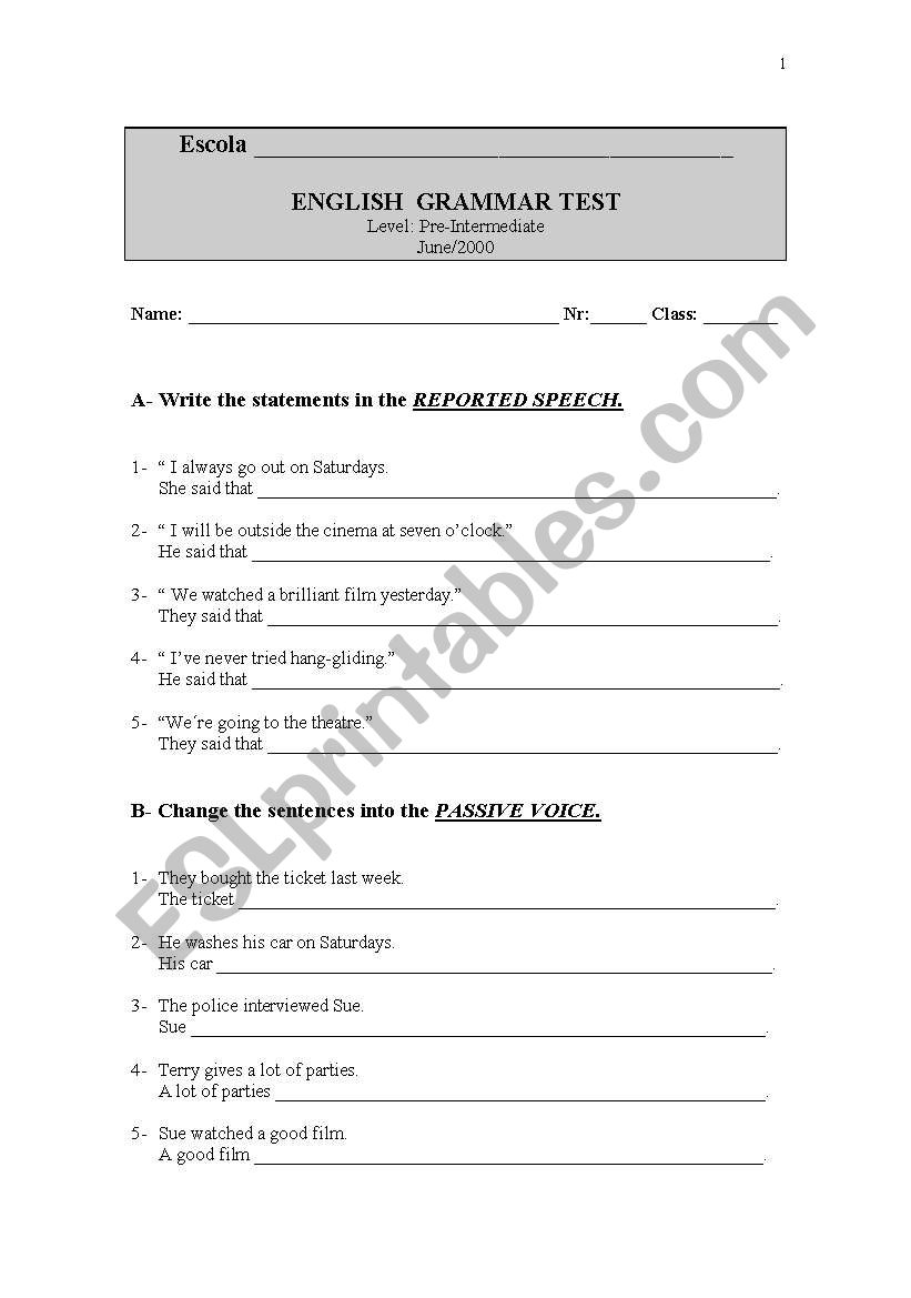 Grammar test worksheet