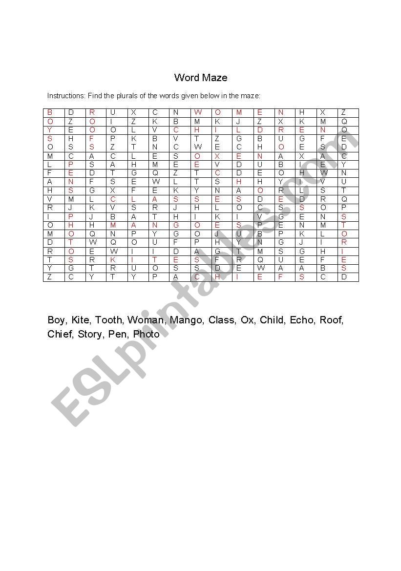 word maze for plurals worksheet