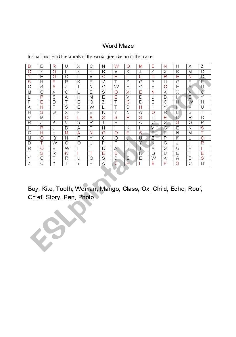 word maze for plurals worksheet