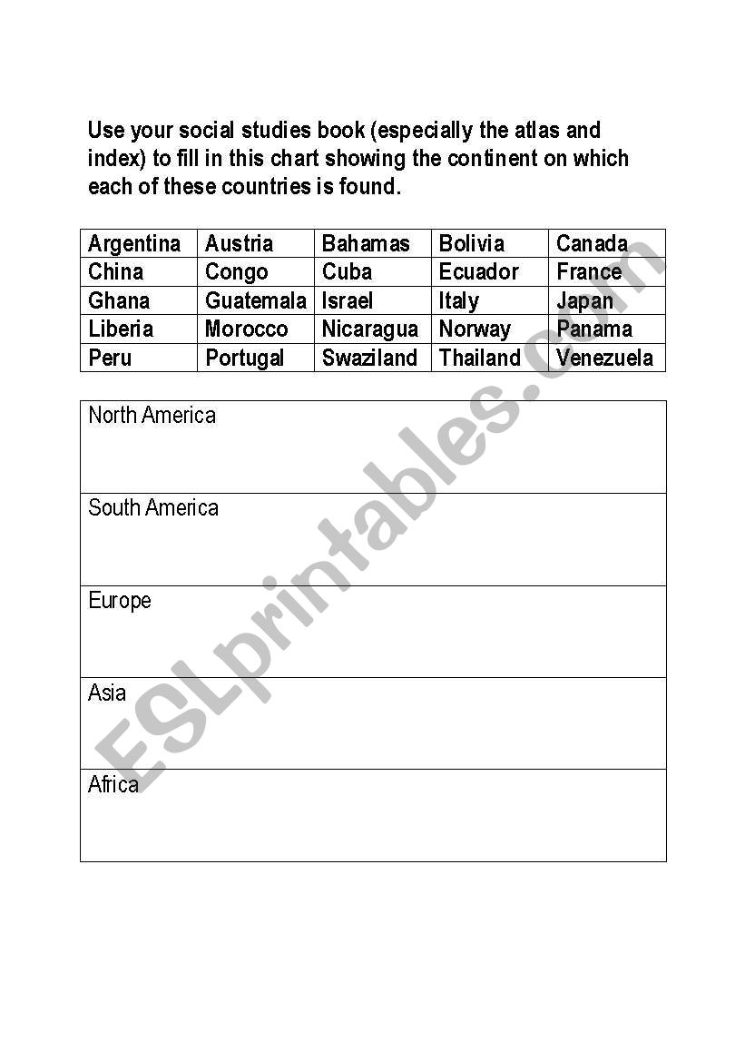 Continents and Country Match worksheet