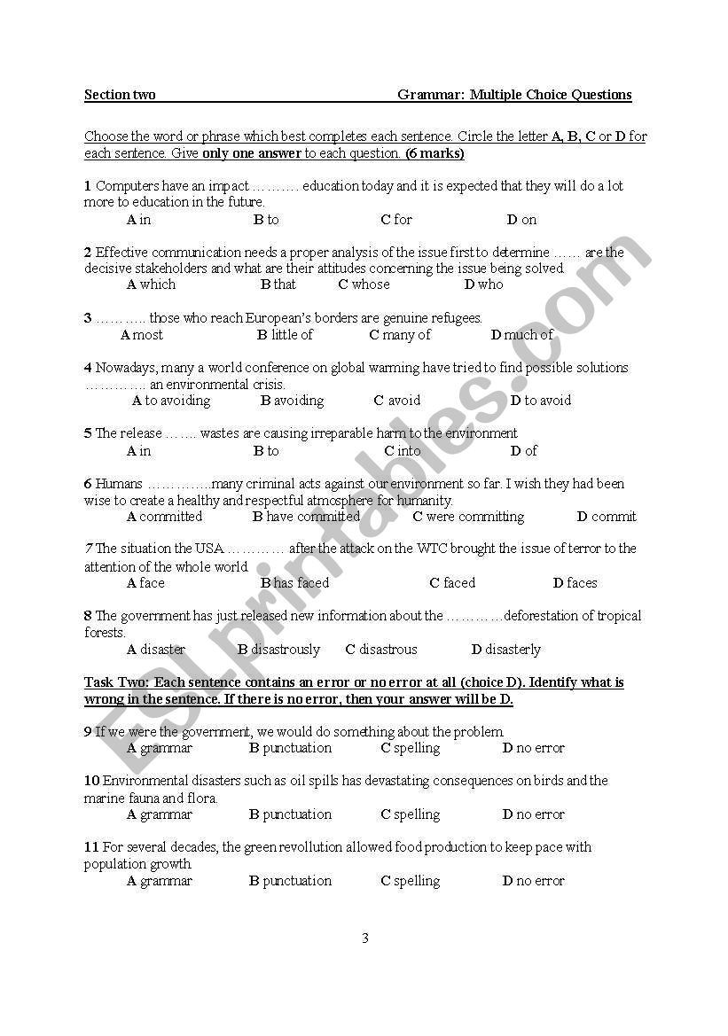 multipe choice questions test worksheet