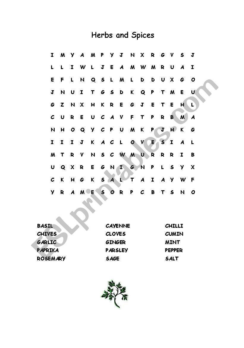 Word Search Herbs and Spices worksheet