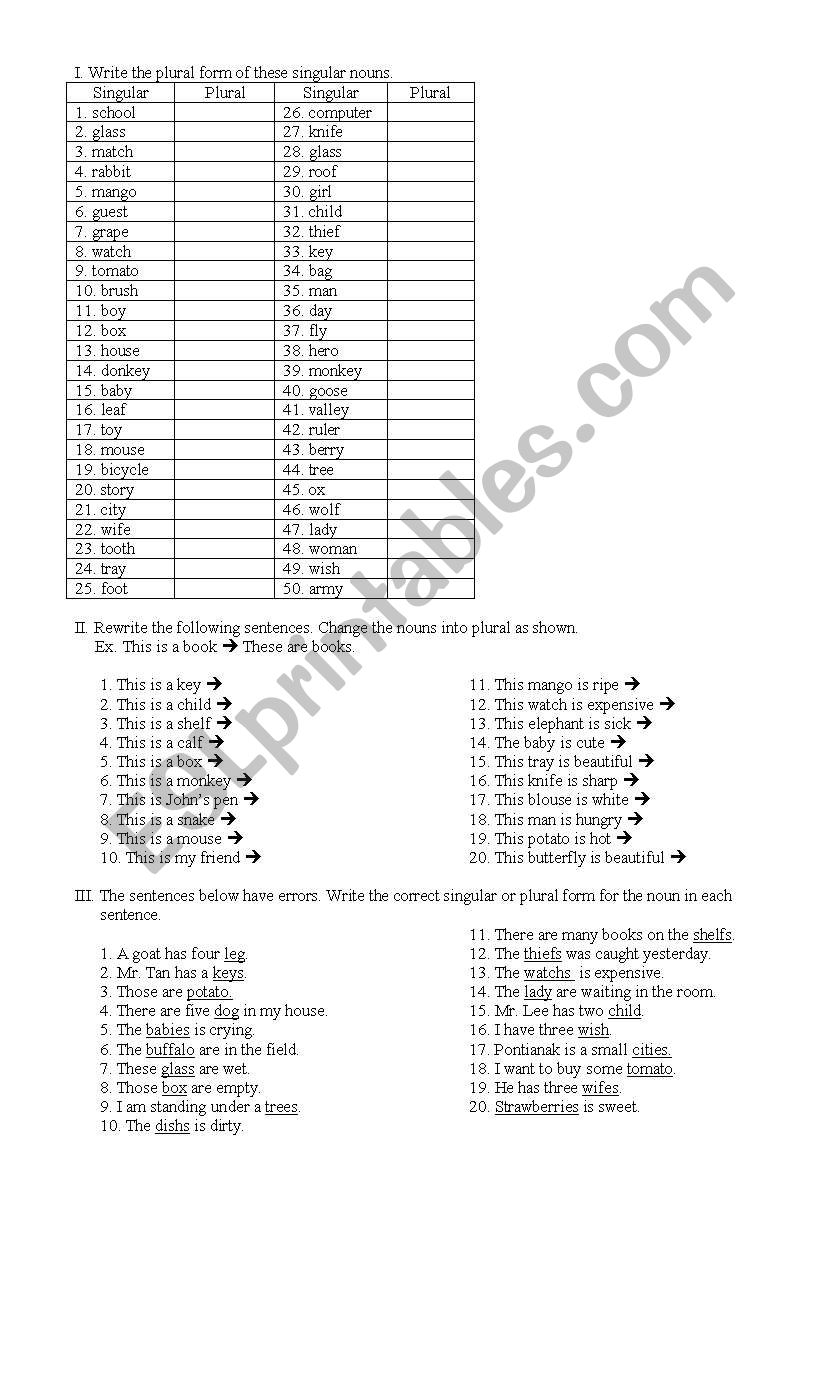 singular plural worksheet