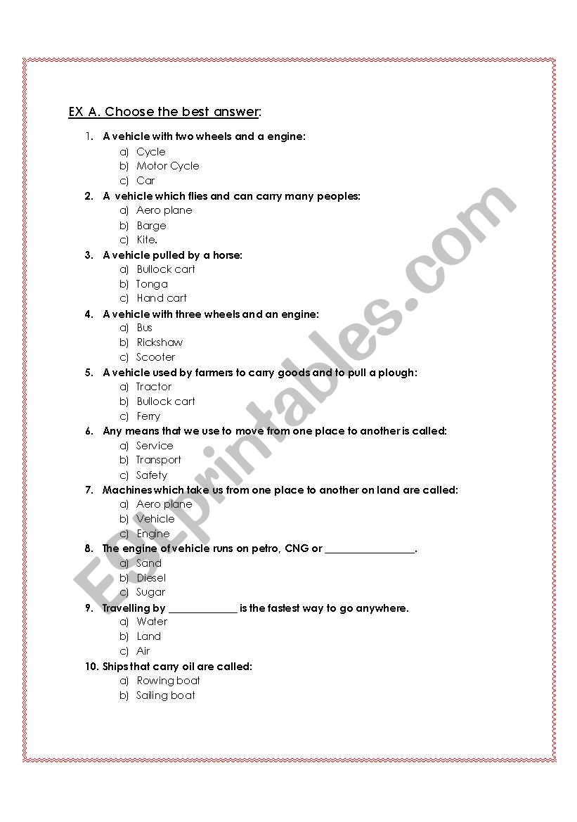 transport worksheet