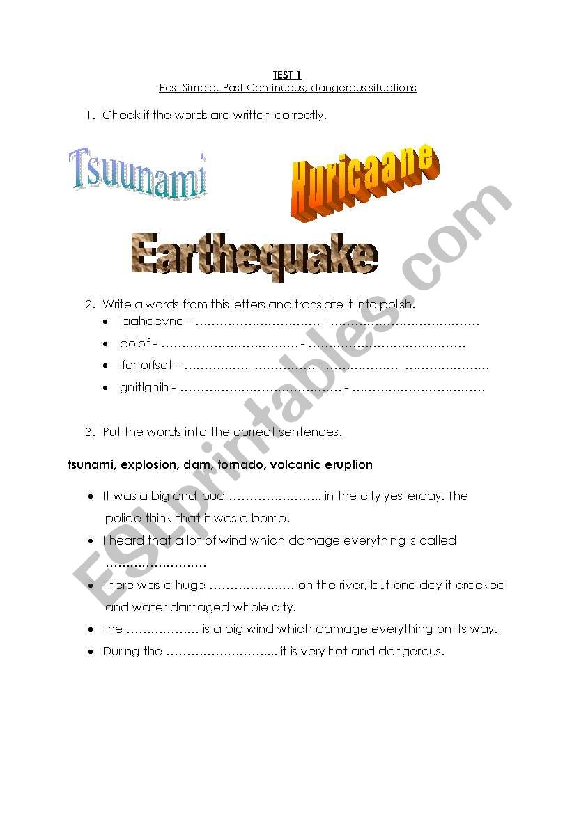 Test - Past Simple and Past Continuous, dangerous situations