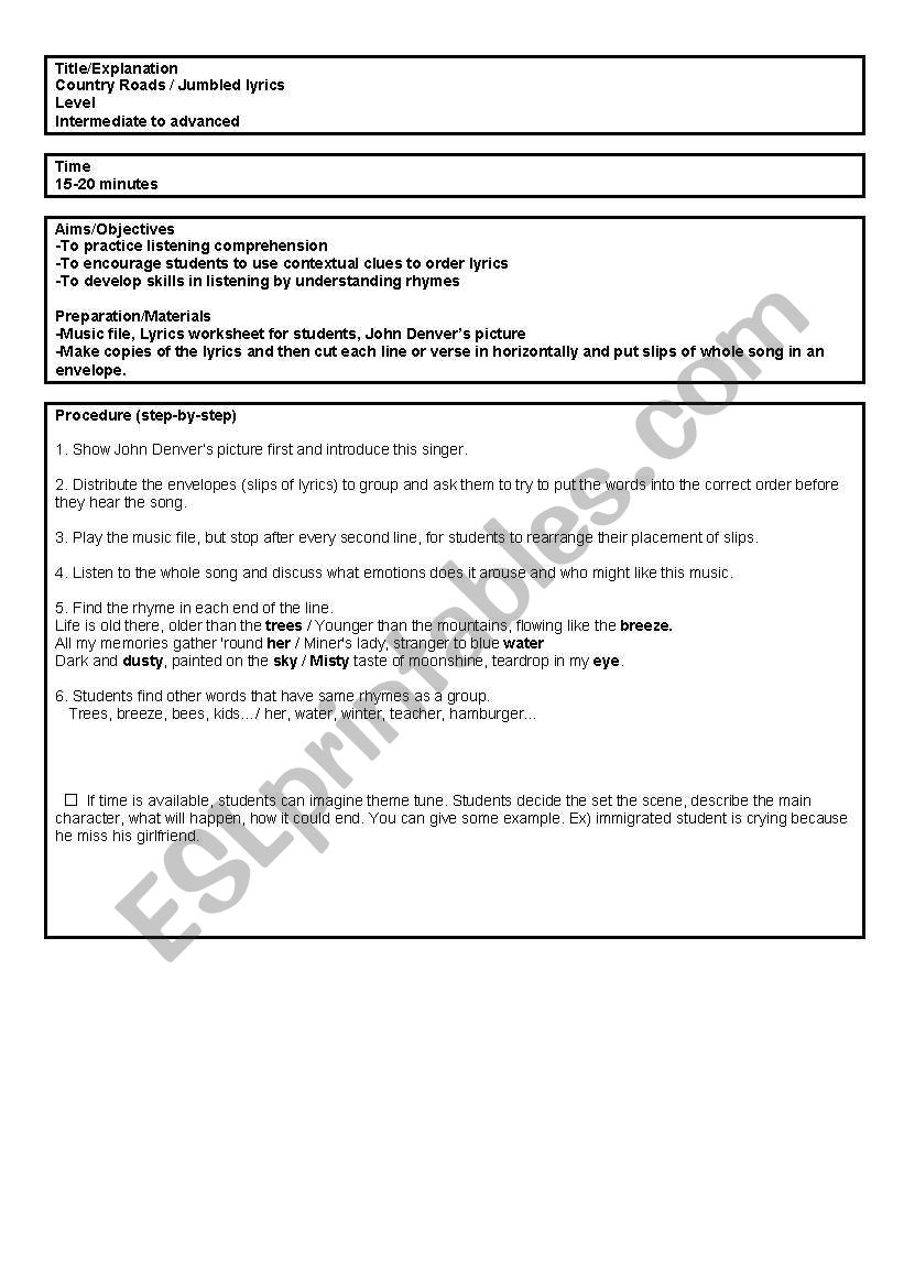 Jumbled lyrics_Country road worksheet
