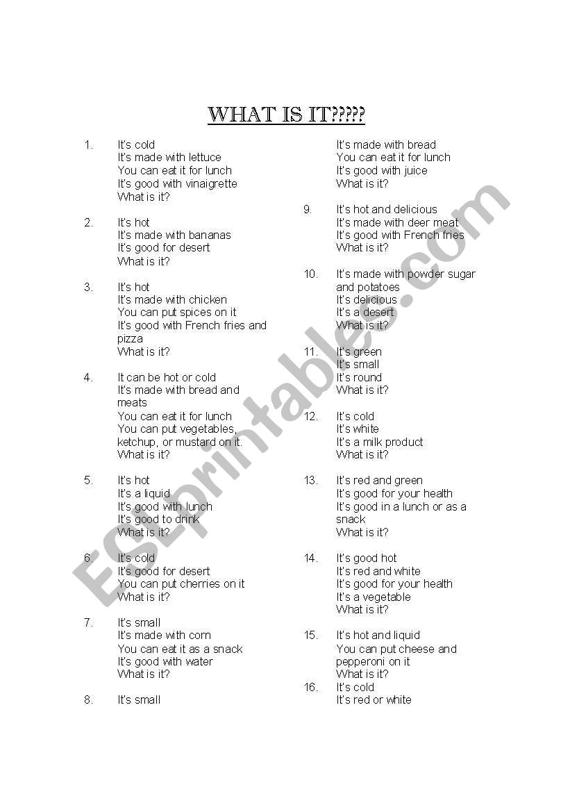 Food riddles worksheet