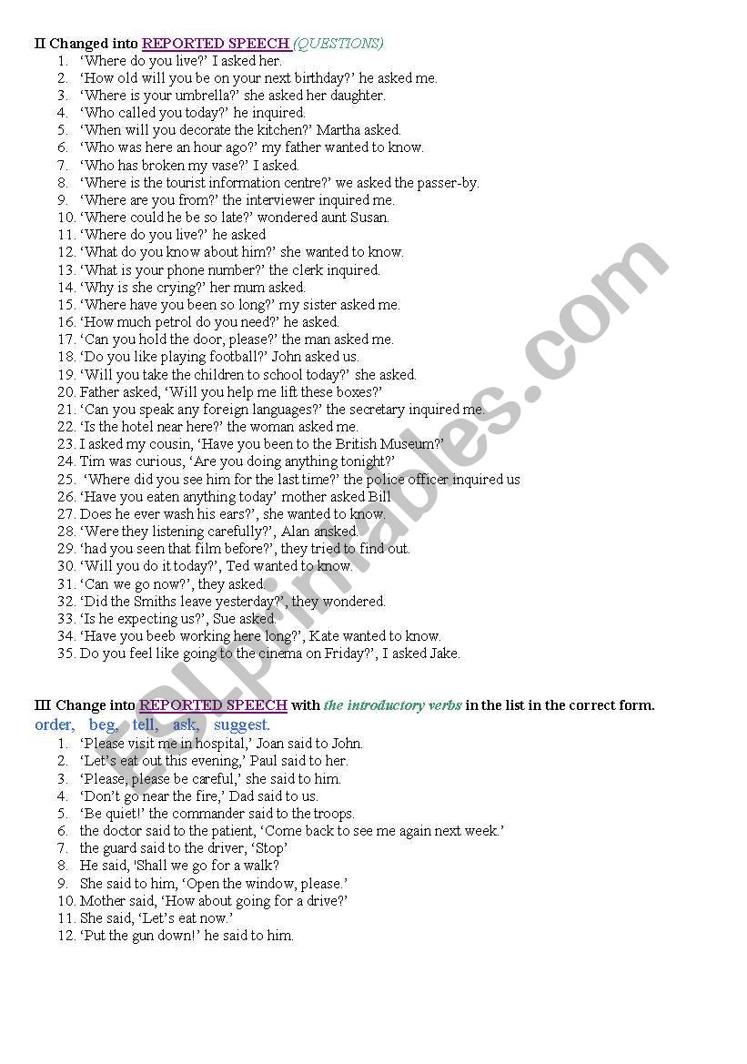 REPORTED SPEECH worksheet