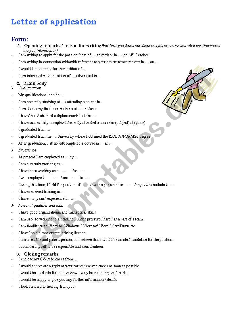 letter of application worksheet