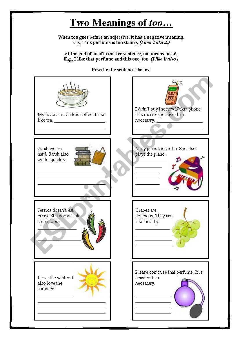 Two meanings of too... worksheet