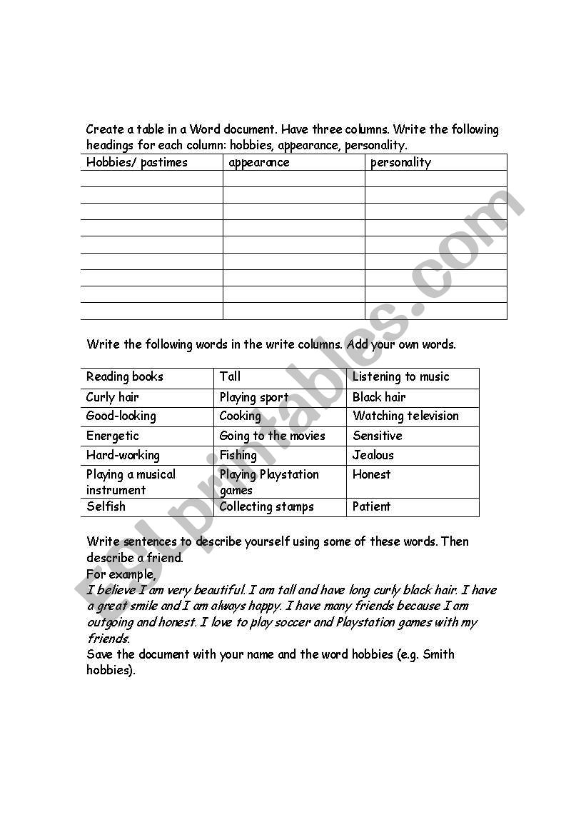 Description worksheet