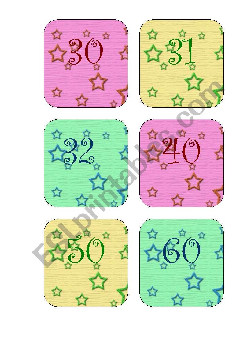 Flashcard Numbers 30 - 100 in colors (continuation)