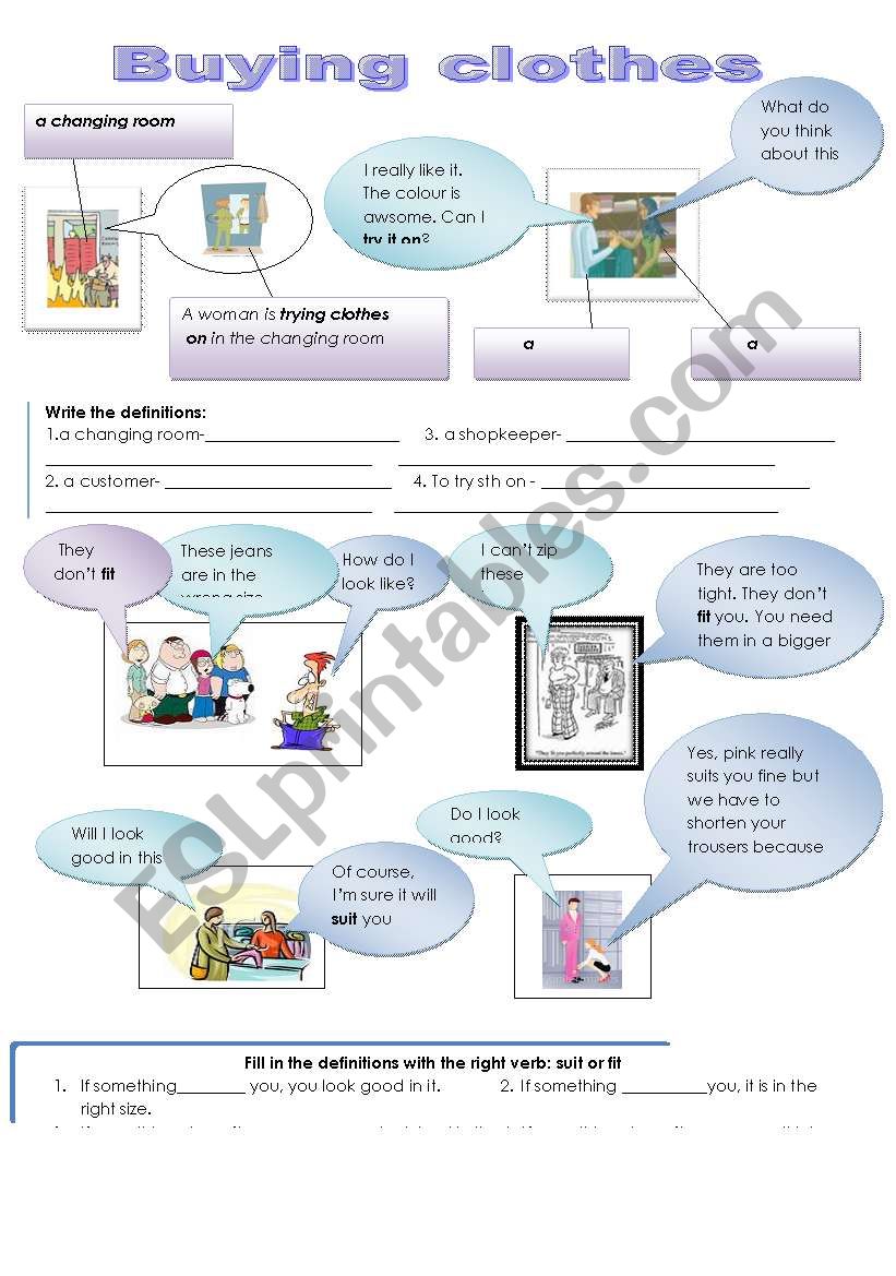 Buying clothes: Fit, suit, try on, size +dialogues in the shop ELEMENTARY AND PRE- INTERMEDIATE