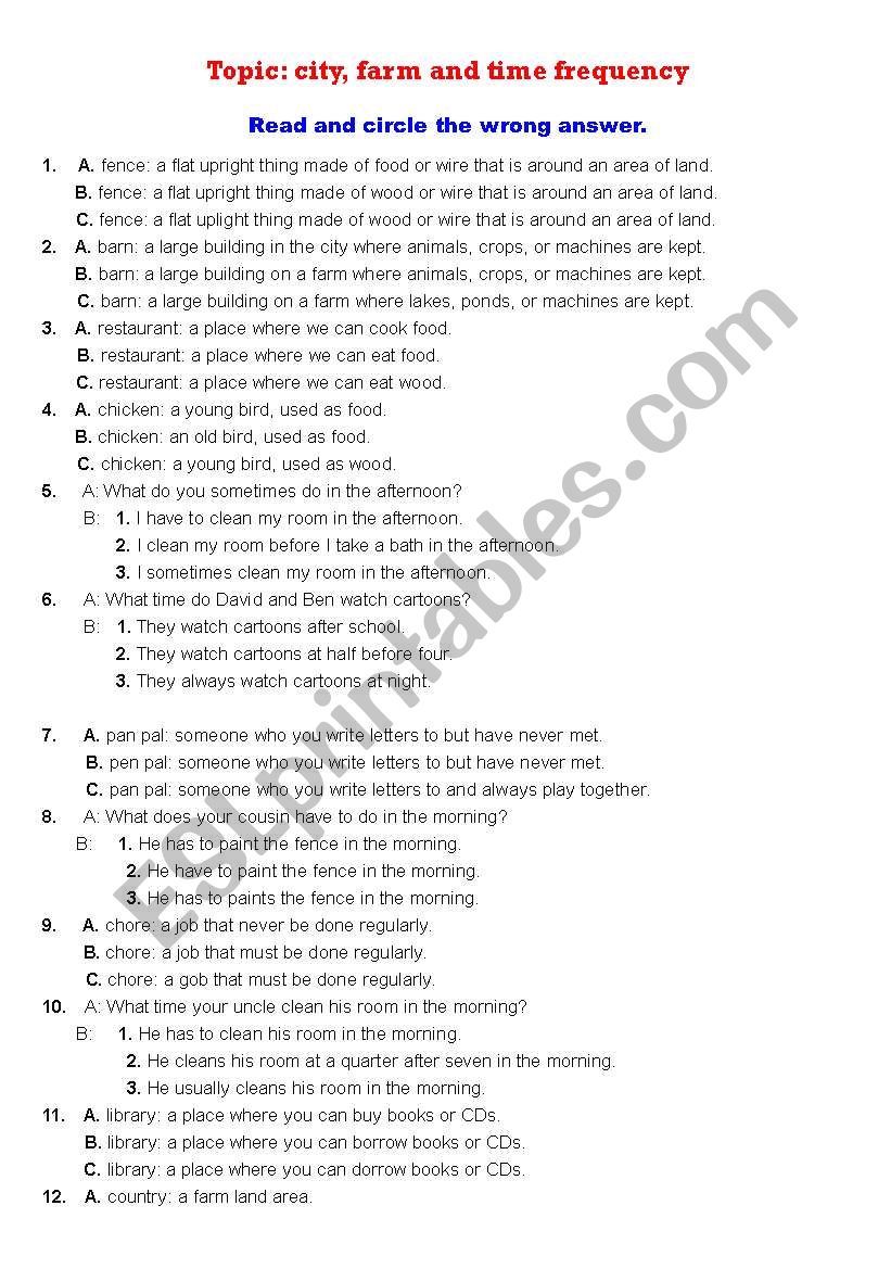 farm, city and time frequency worksheet