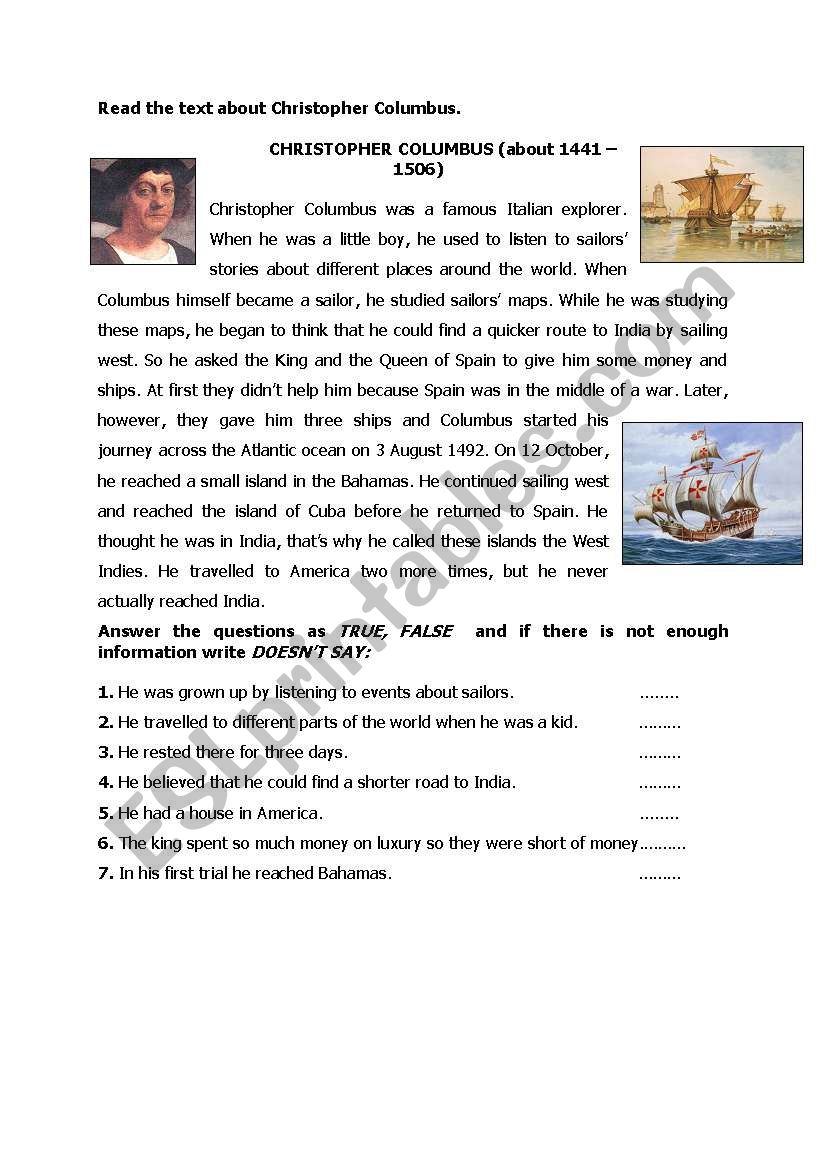 Chiristooher Columbus reading worksheet