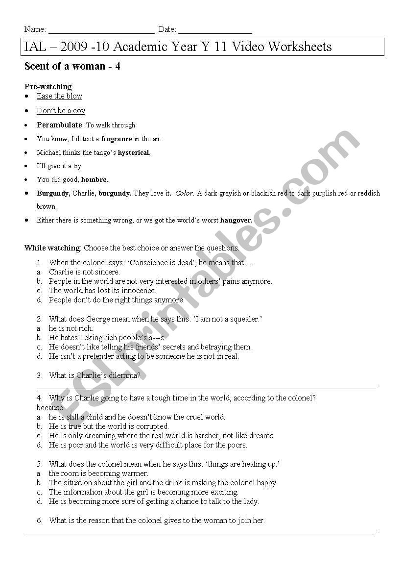 scent of a woman worksheet 4 worksheet