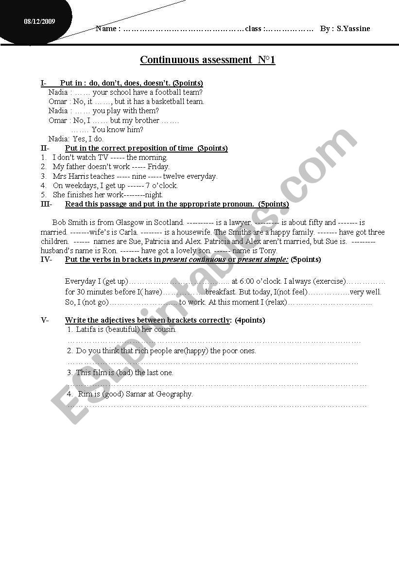 continuous assessment worksheet