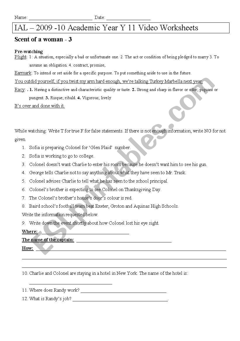 scent of a woman 3 worksheet
