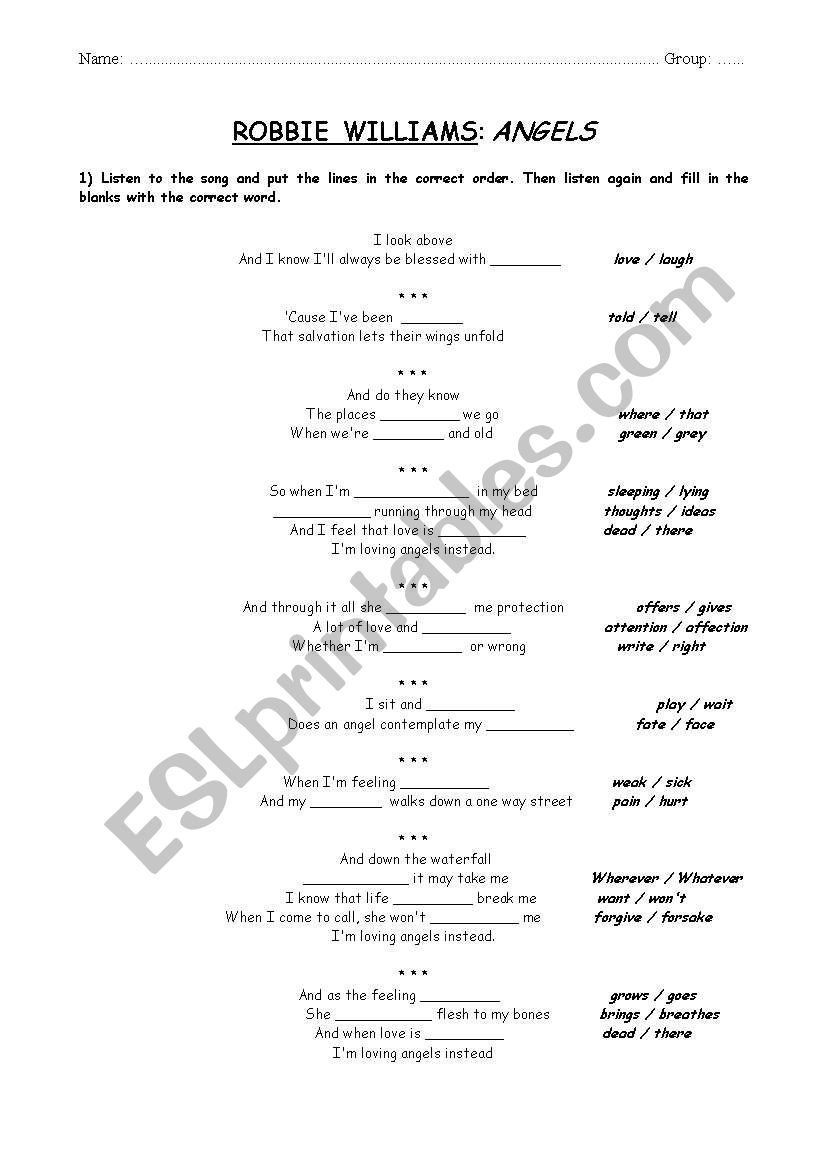 Robbie Williams - Angels worksheet