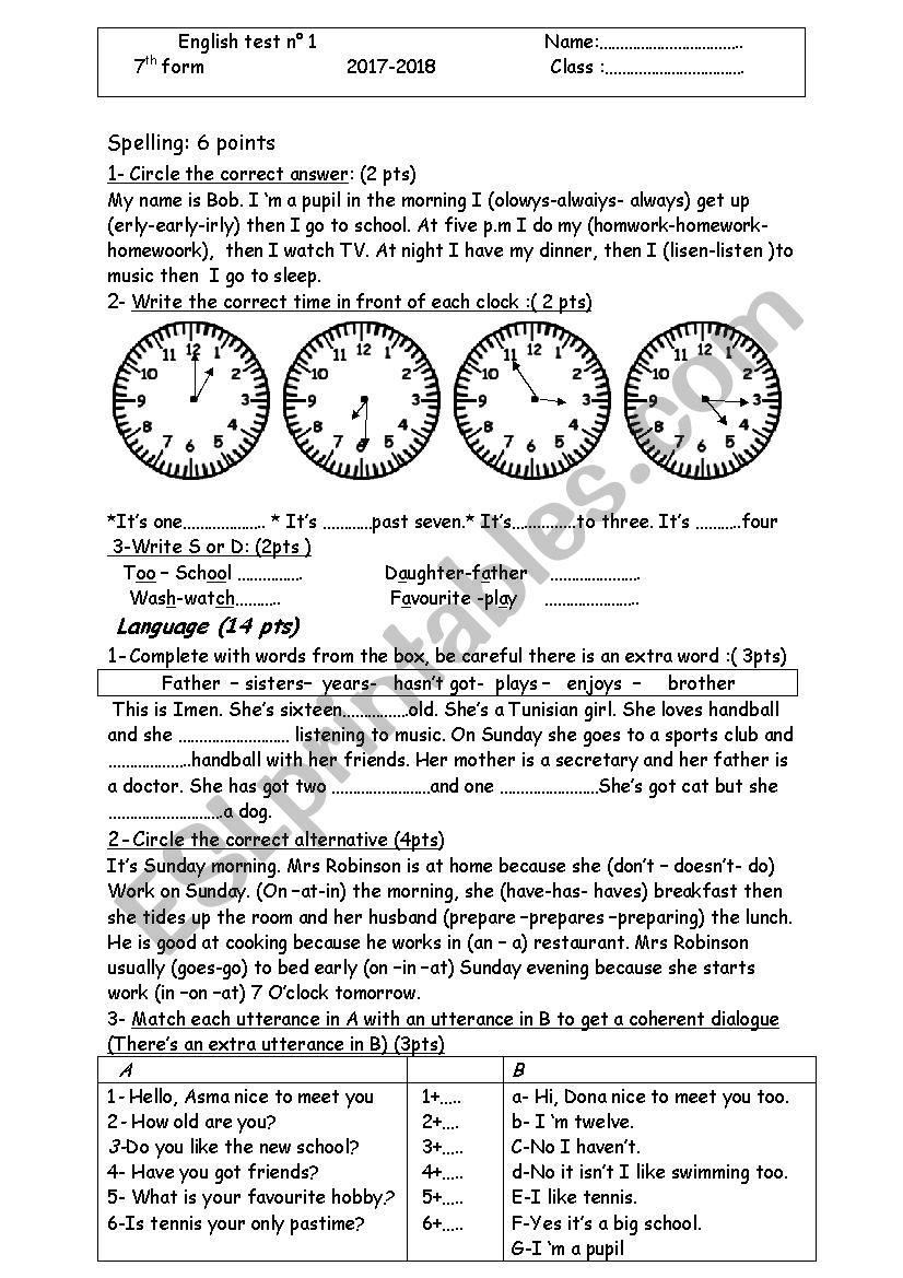 test worksheet