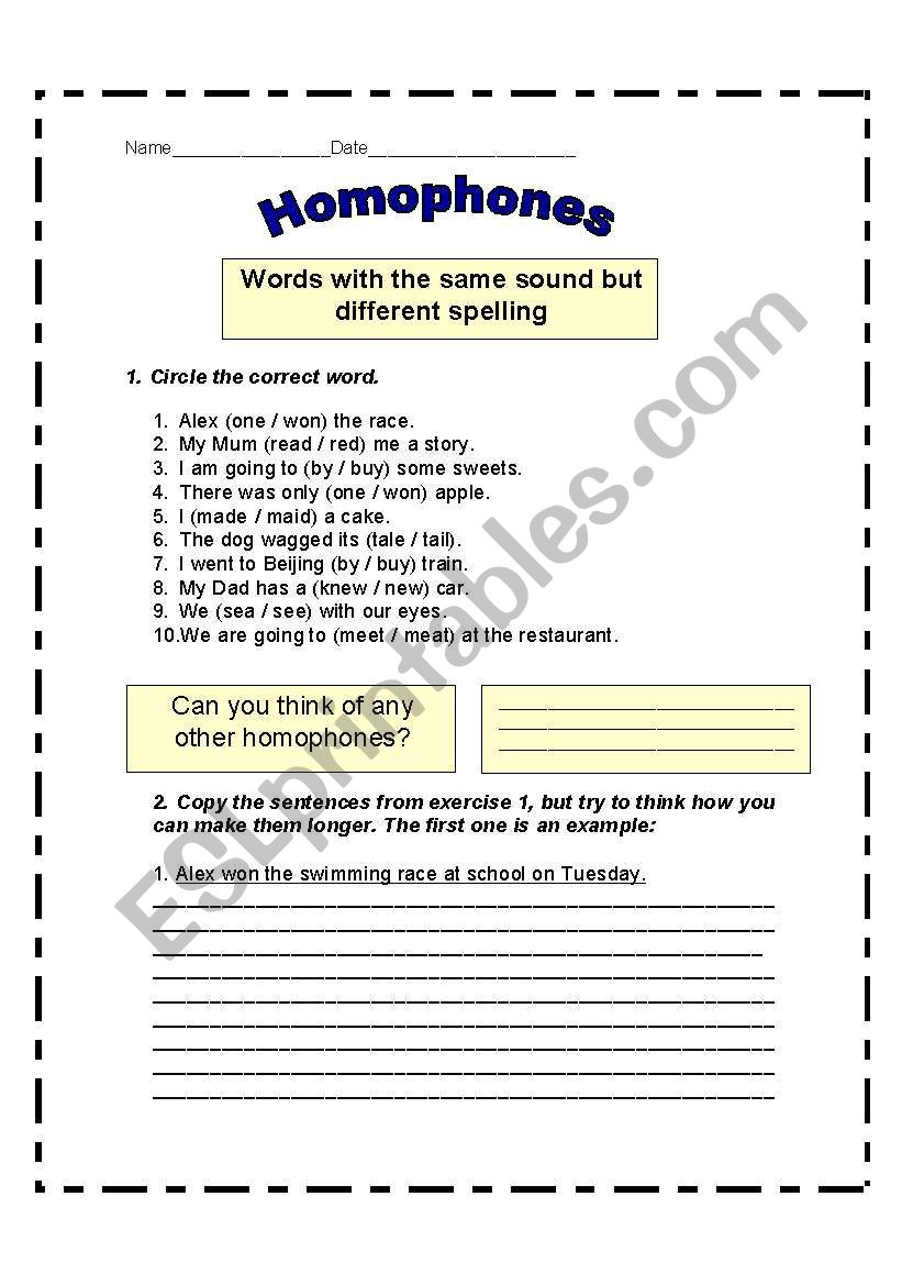 Homophones worksheet