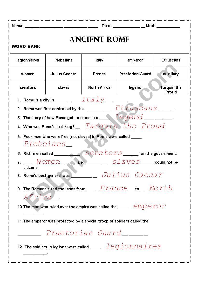 ancient rome answer key worksheet