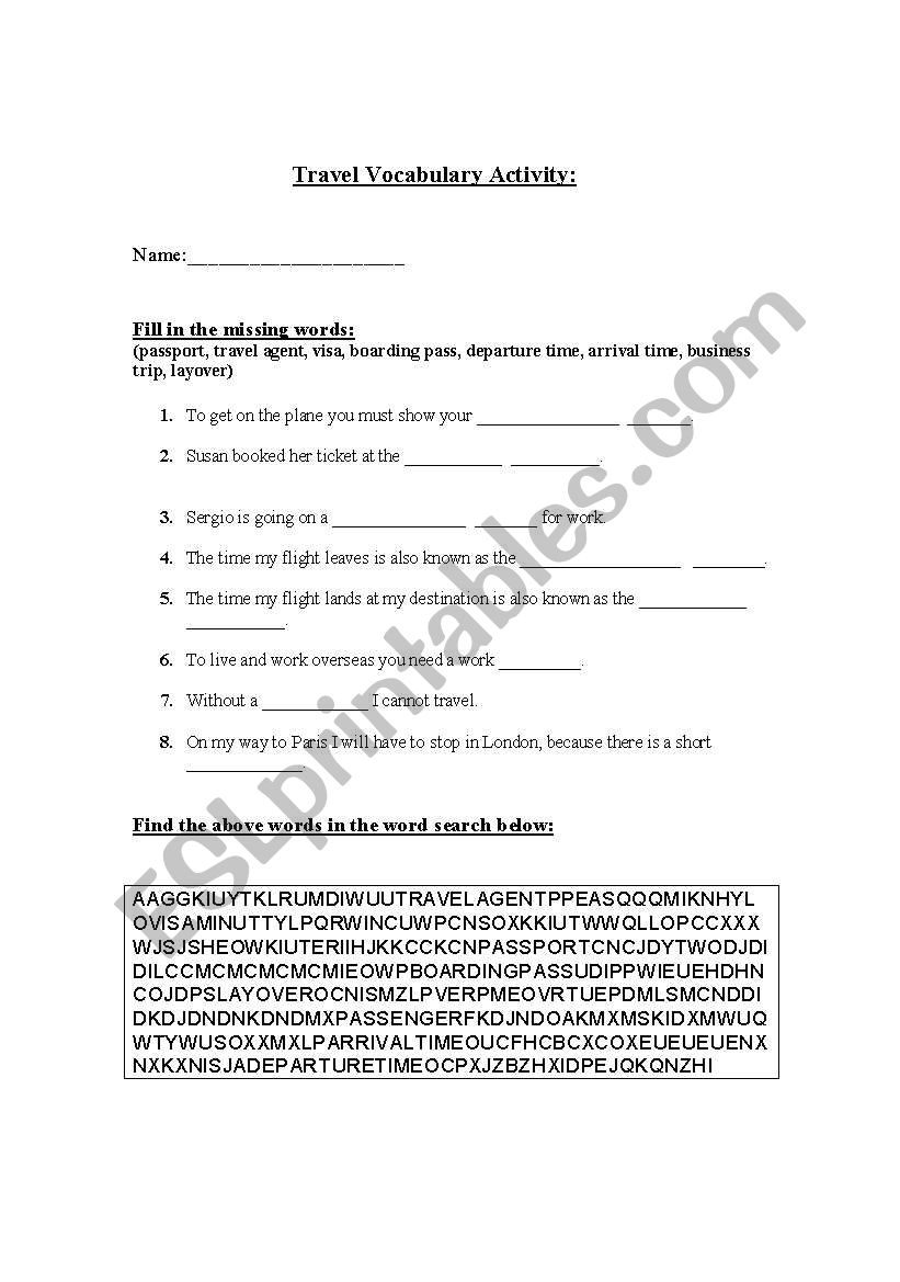 Travel worksheet worksheet