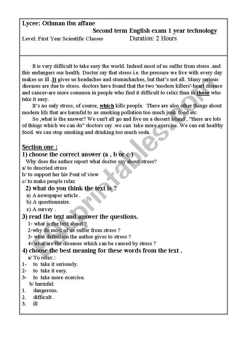 stress worksheet