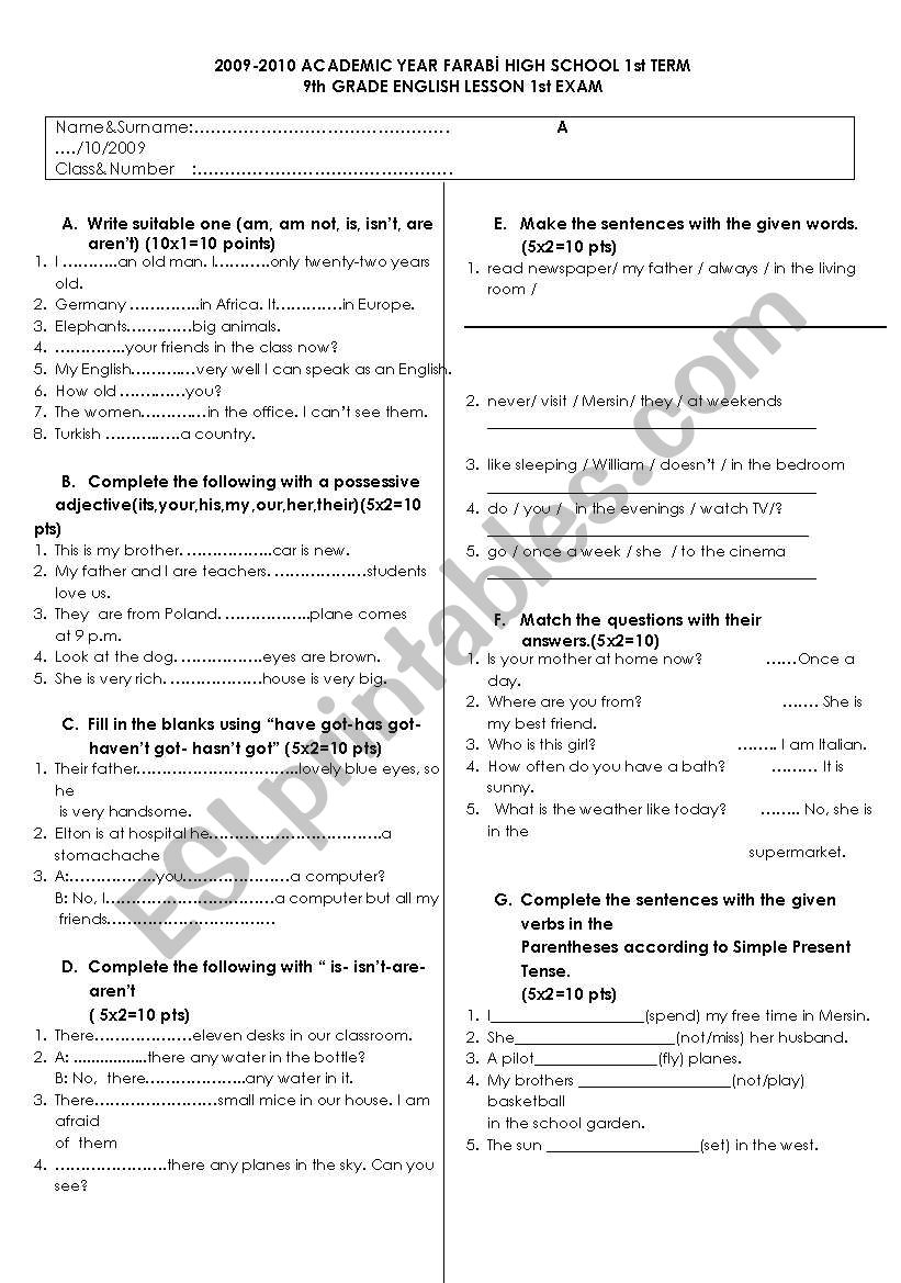 exam for 9th grade worksheet