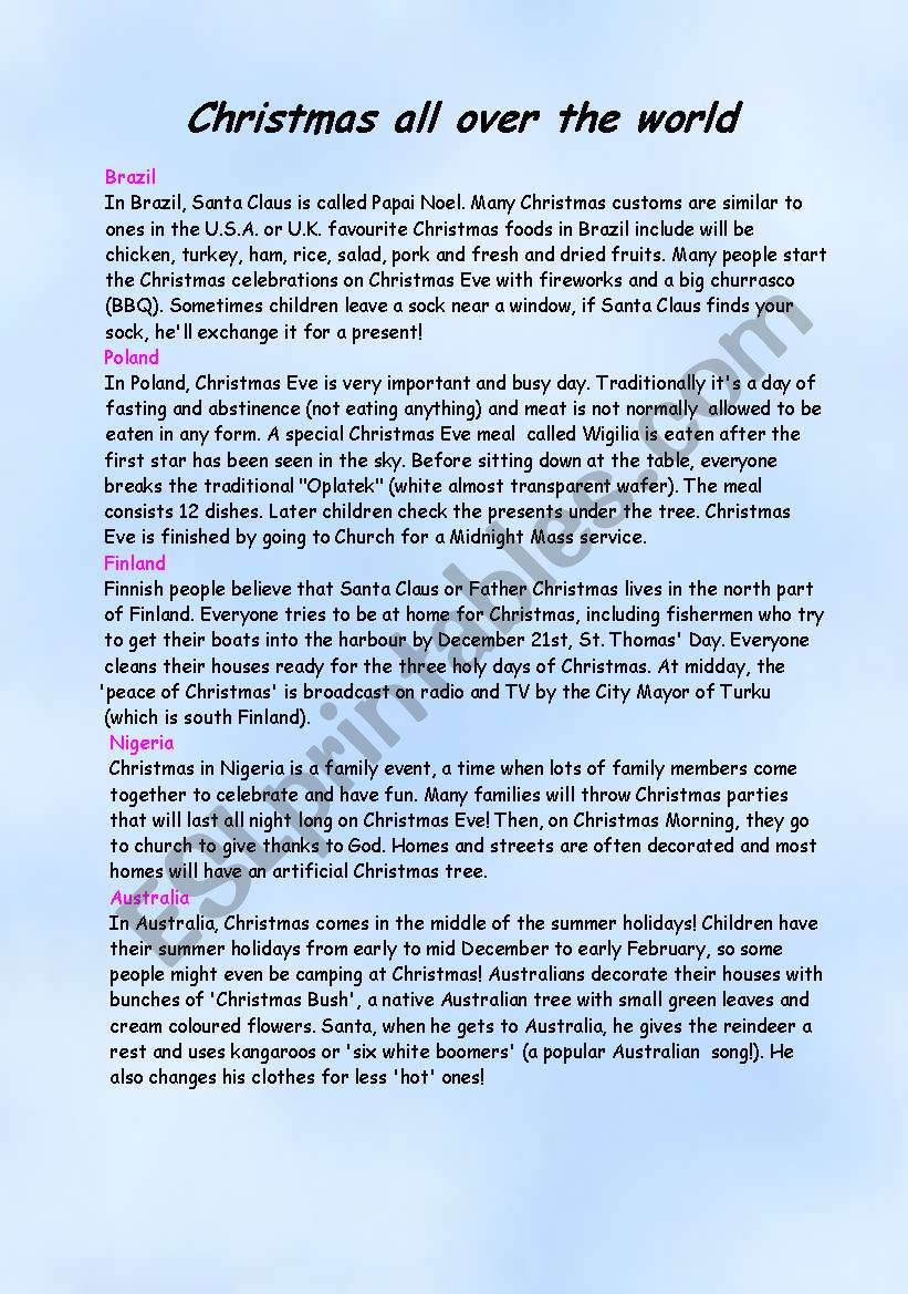 Christmas around the world worksheet