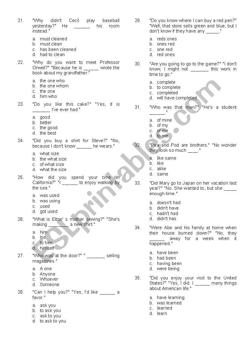 a placement test worksheet