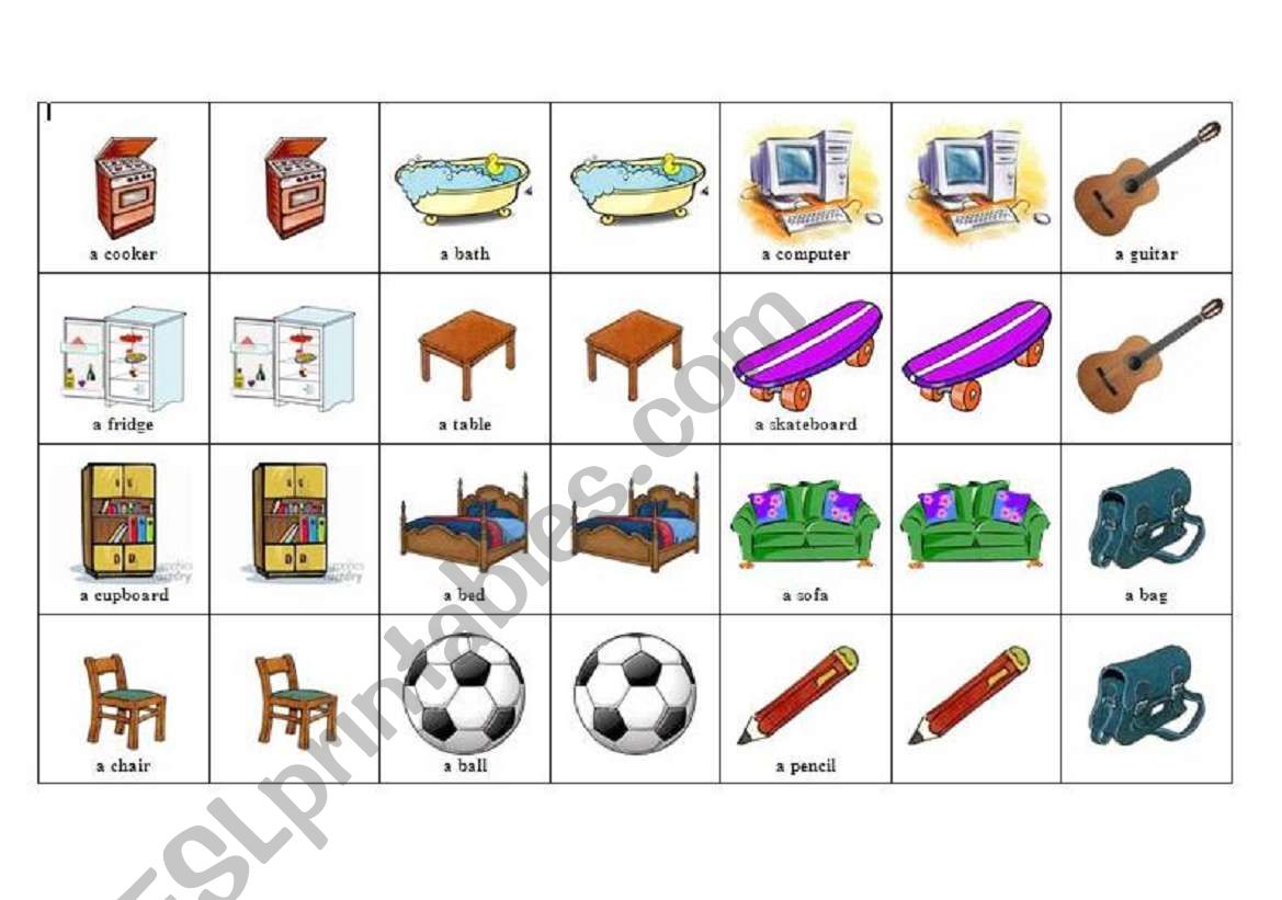 memory game - pieces of furniture and items to be found in a childs room