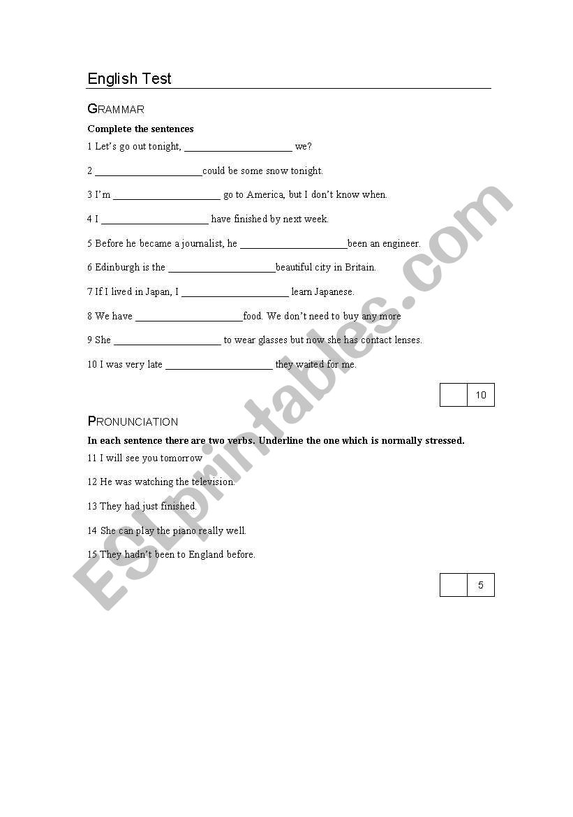 English Test Printable Worksheets