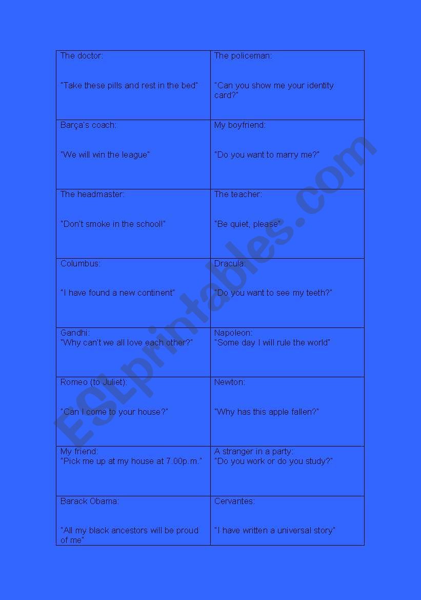 reported speech game worksheet