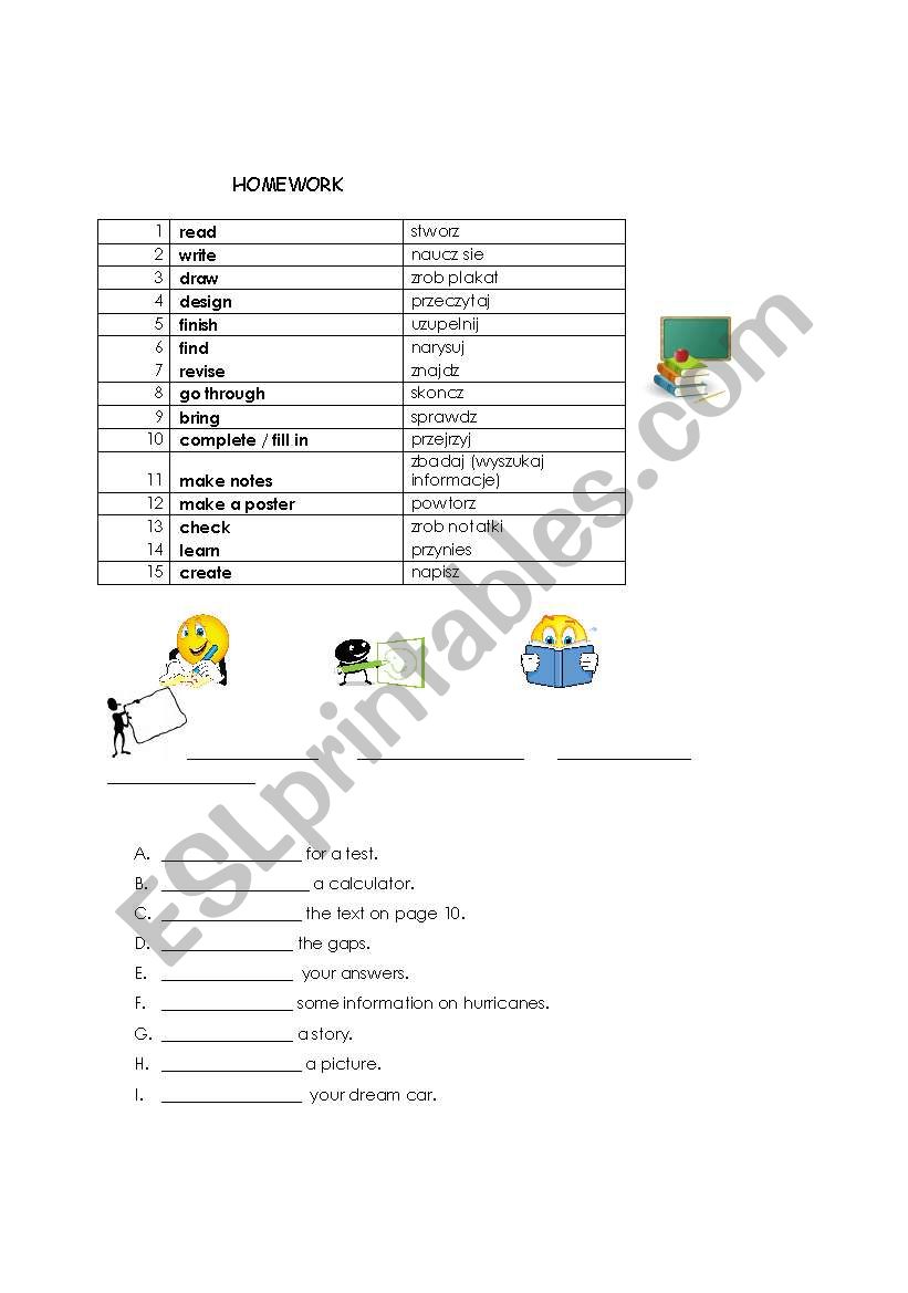 Homework instructions worksheet