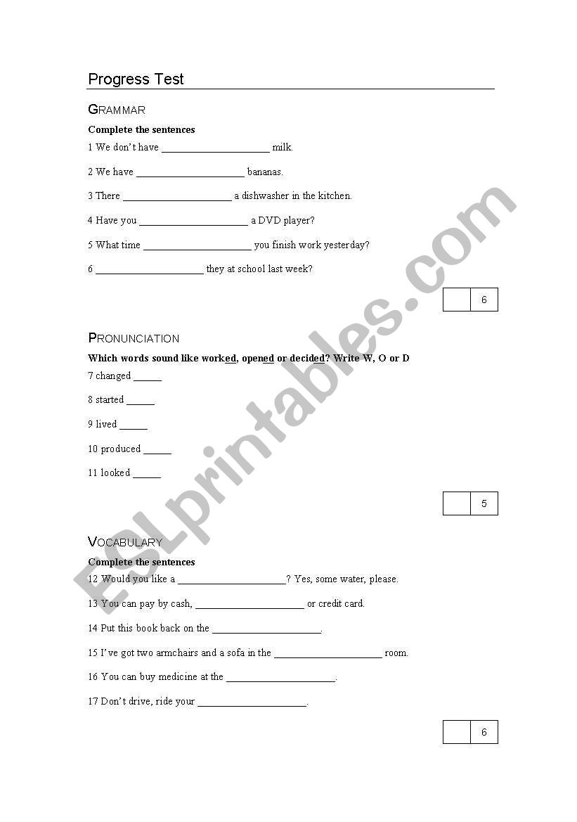 Progress test worksheet