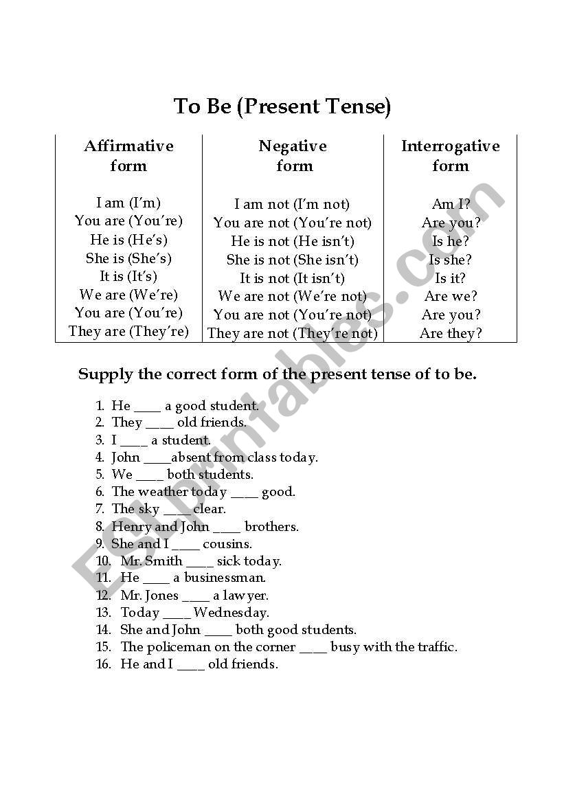 To be form and exercise worksheet