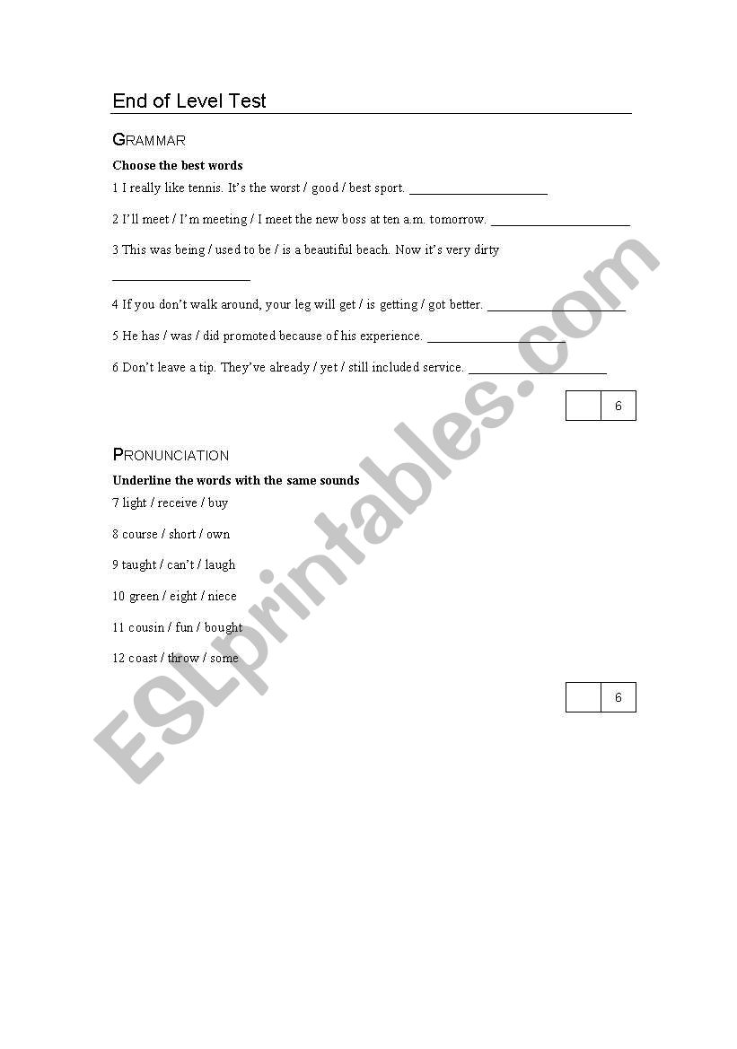 End of Level Test worksheet