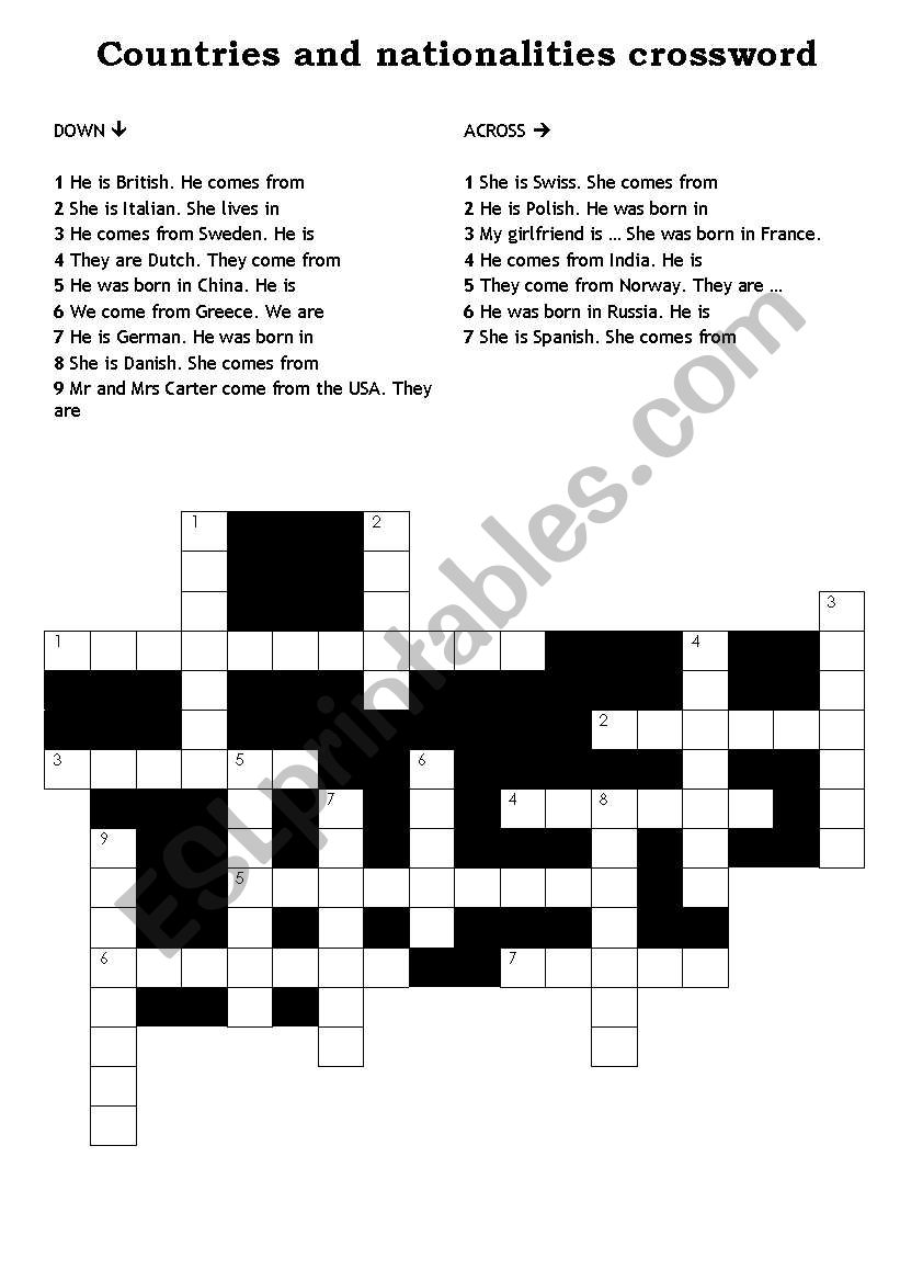 Countries and Nationalitites crosswords