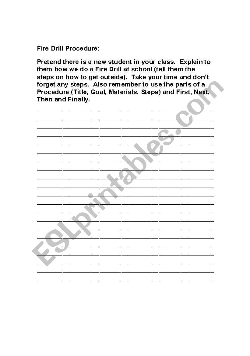 Fire Drill Procedure writing worksheet